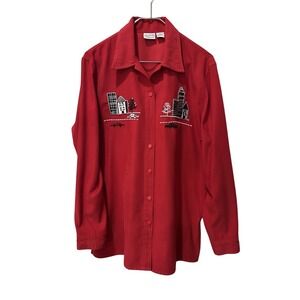 Allison Daley Womens Red Embroidered Cityscape Button Up Shirt Size 16